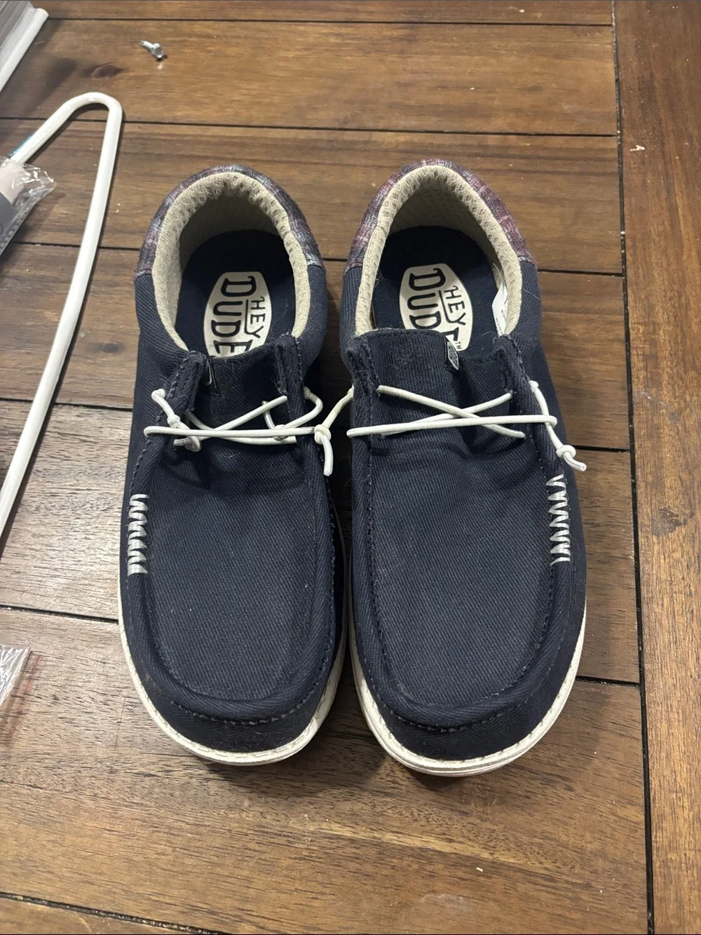 Hey Dude Men's Navy Canvas Slip-On Loafers with White Laces